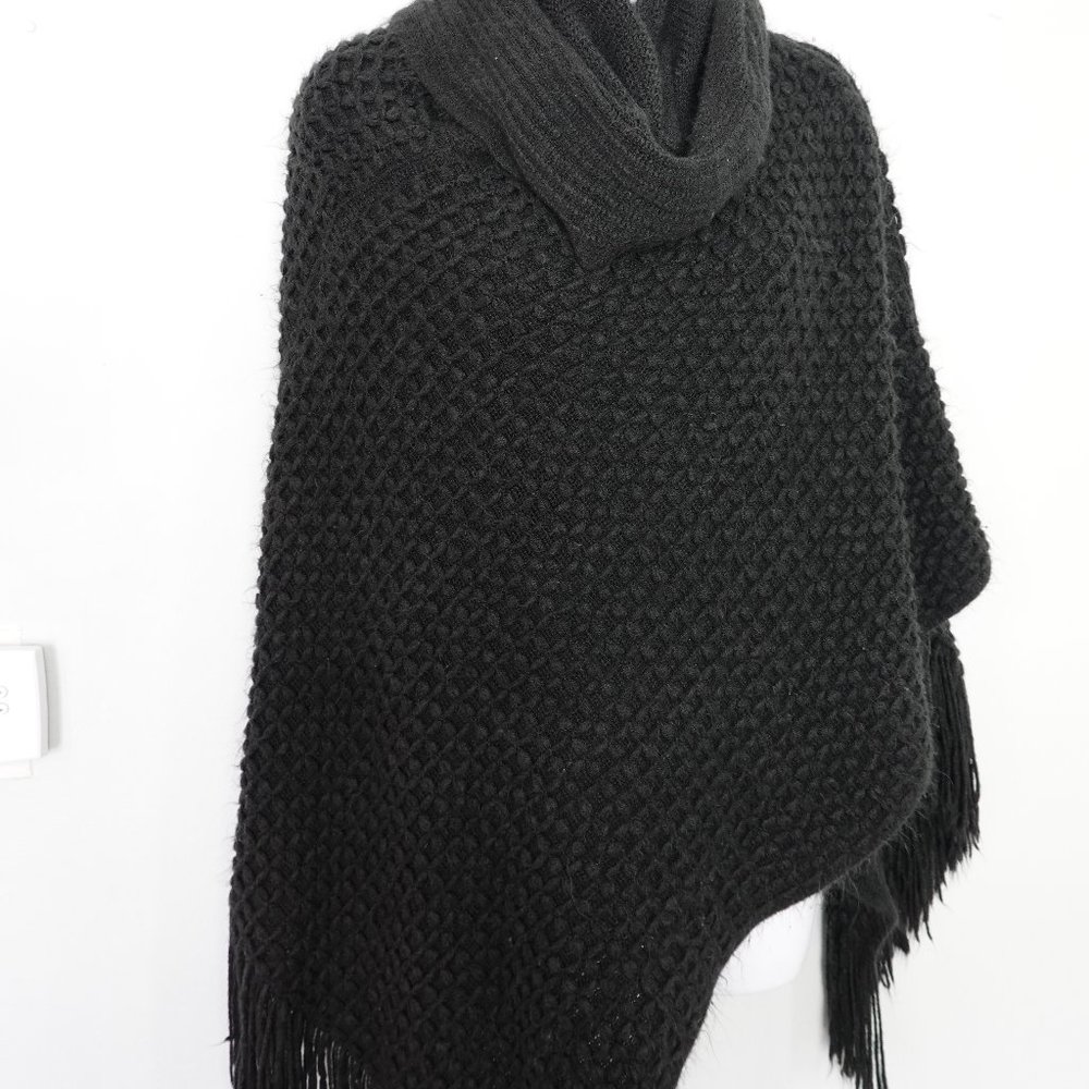 Black cowl neck poncho with fringe